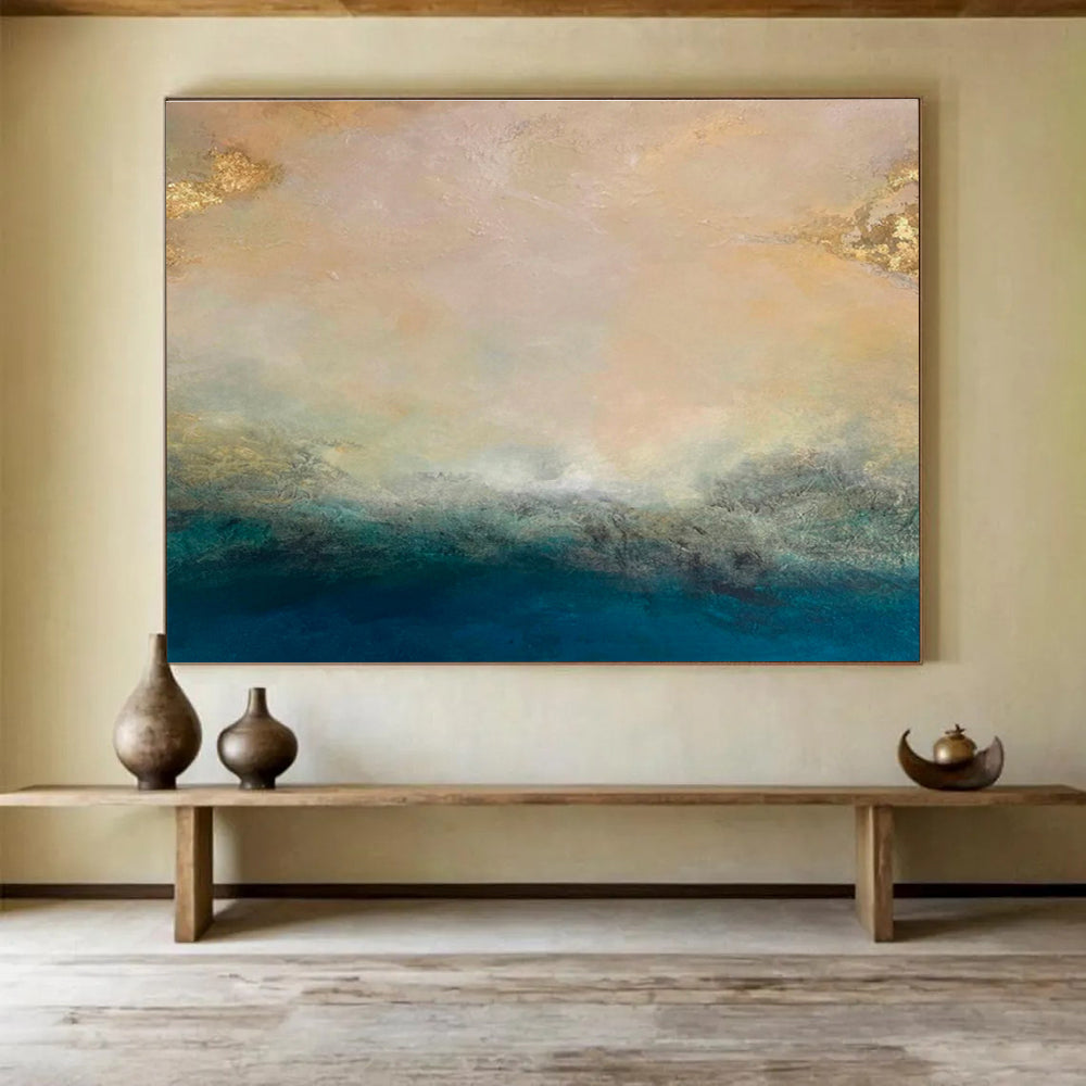 “Gold - Accented Coastal Hues” - Gold, Blue & Beige Abstract, Mixed - Media Painting On Canvas DKS770