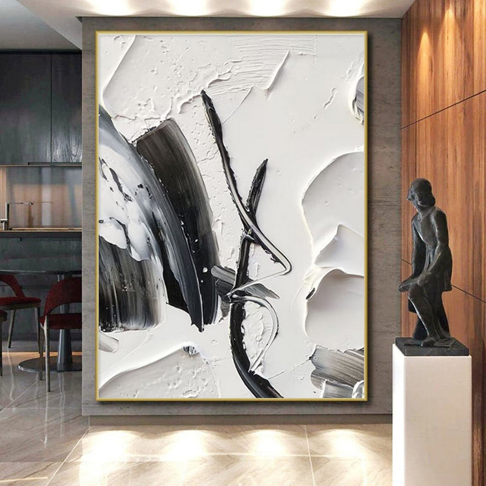 “Textured Black - White Abstraction” - Black, White Abstract Minimalist Painting On Canvas PS0702