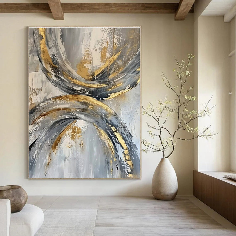 Gray, Gold, White with Circular Textures "Gilded Orbits" Abstract Painting On Canvas PS1266