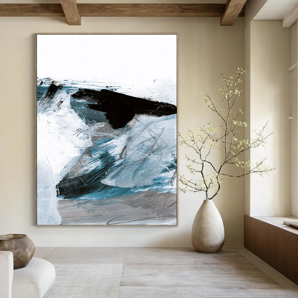 “Dynamic Blue & Black Layers” - Shades of Blue with Bold Black Accents Painting On Canvas DS220