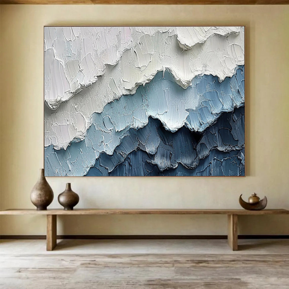 Blue & White Textured Mountain Abstract Painting On Canvas DKS049