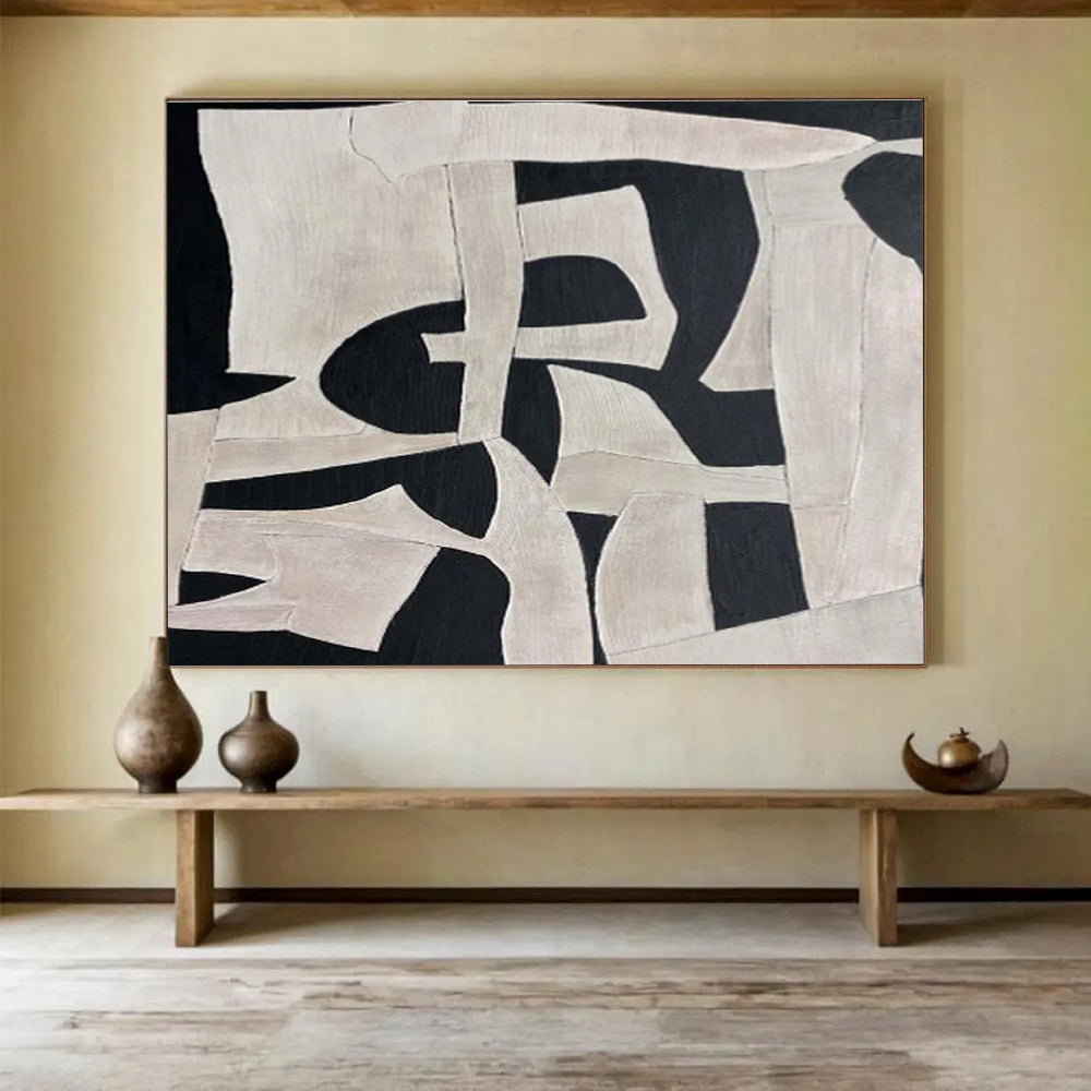 Black and White Geometric Shapes Abstract Painting On Canvas DKS091