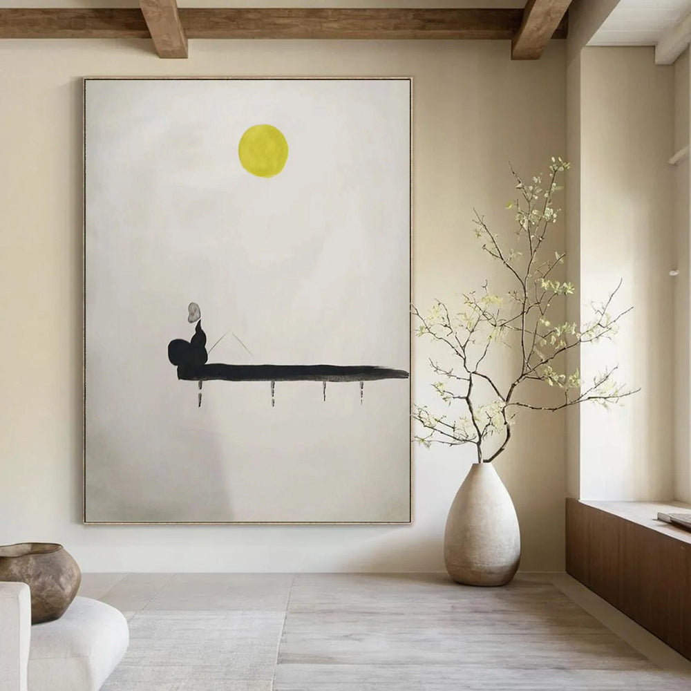 “Minimalist Moonlit Fisherman” - Abstract, Zen - Themed Painting On Canvas PT1562