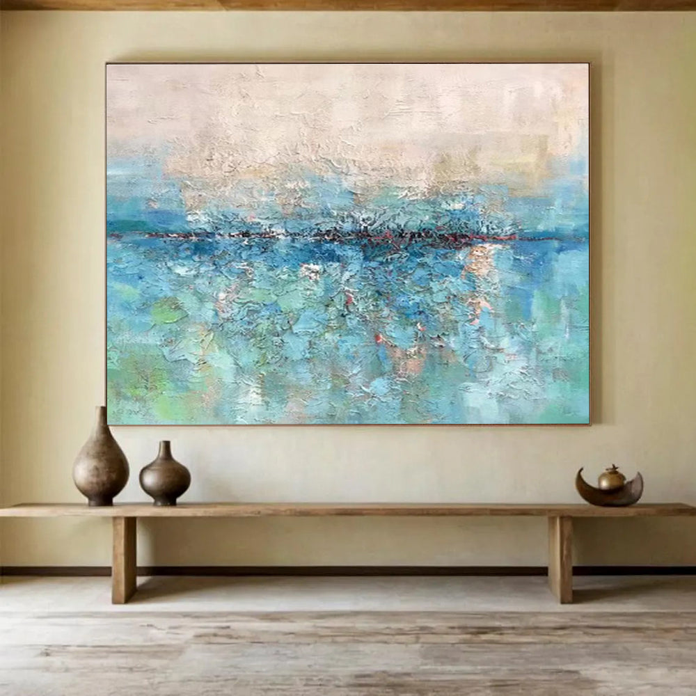 Textured Blue - Green Waterscape - Impasto Landscape Painting On Canvas DKS355