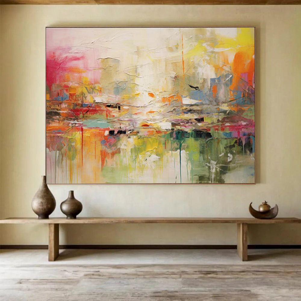 “Dreamy City Impressions” - Soft Pink, Yellow & Blue Abstract Urban, Textured Cityscape Oil Painting On Canvas DKS688