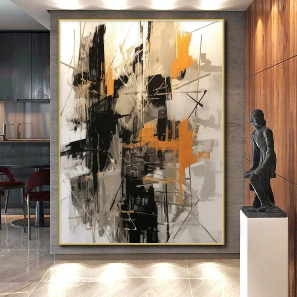Black, Grey & Orange Abstract Chaos Painting On Canvas PS0821