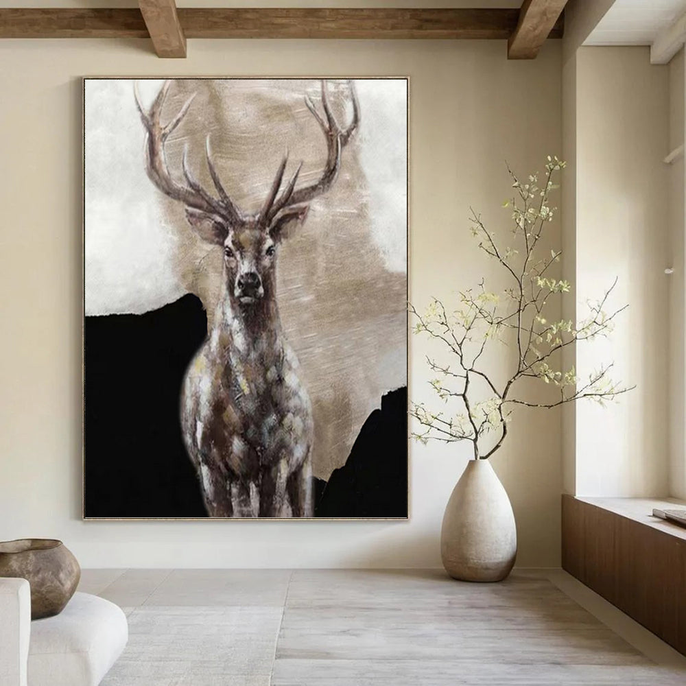 “Majestic Stag Portrait” - Brown, Gray, Textured Animal Painting On Canvas PT1462