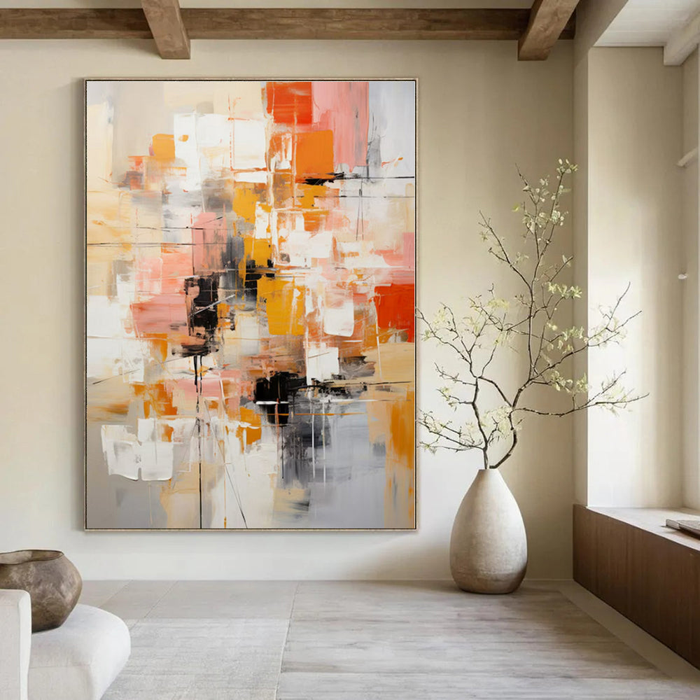 Orange, Pink, Gray, White, Black with Bold Blocks "Urban Pulse" Abstract Painting On Canvas PS1391
