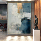 “Repeated Gold - Accented Blue - Grey Abstract” - Contemporary Abstract Painting On Canvas PS0248