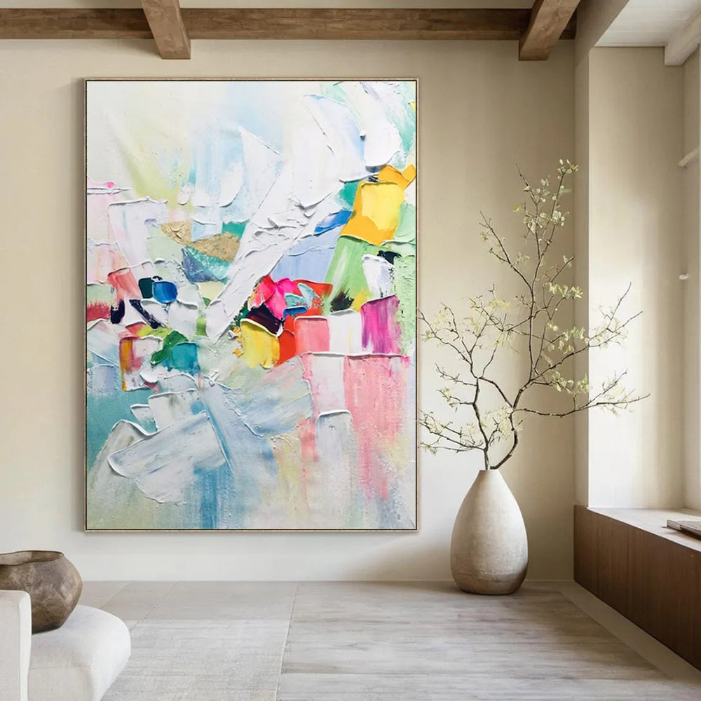 “Rainbow - Hued Abstract Collage” - Multi - Colored Abstract Painting On Canvas DS279