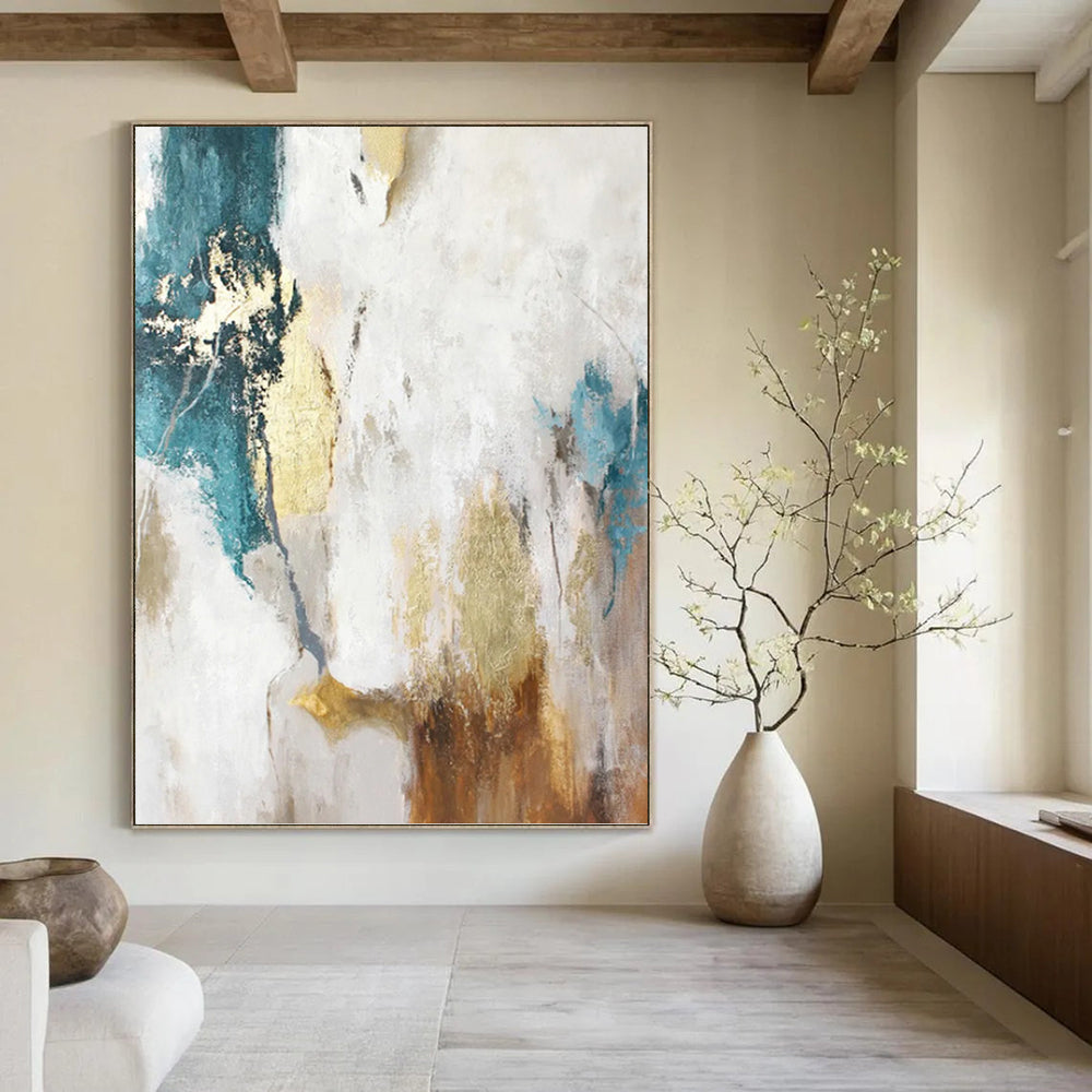 “Turquoise, Gold and White Abstract” - Vibrant Textured Painting on Canvas PT1014