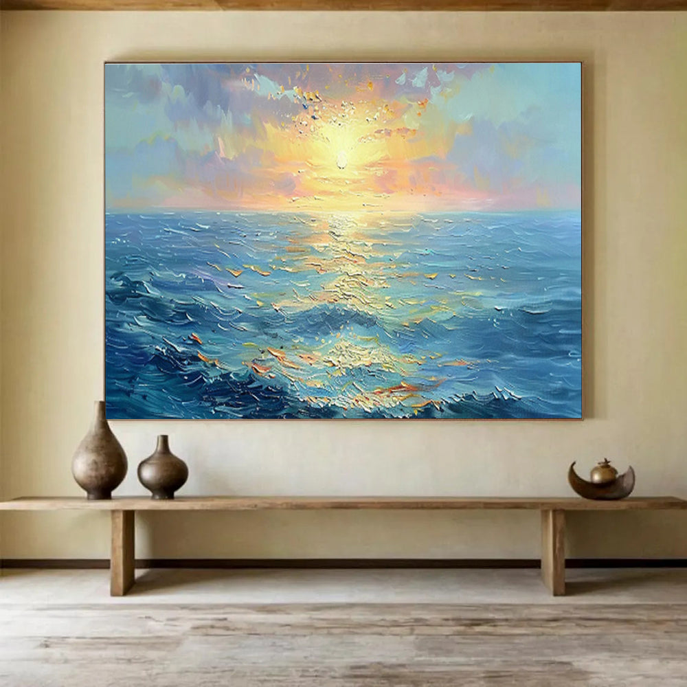 “Vibrant Sunset Sea” - Blue, Orange & Yellow Landscape, Expressive Oil Painting On Canvas DKS760