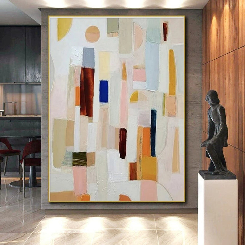 “Colorful Abstract Blocks” - Multicolor, Pink, Blue, Yellow, Brown Abstract Cubist Painting On Canvas PS0659