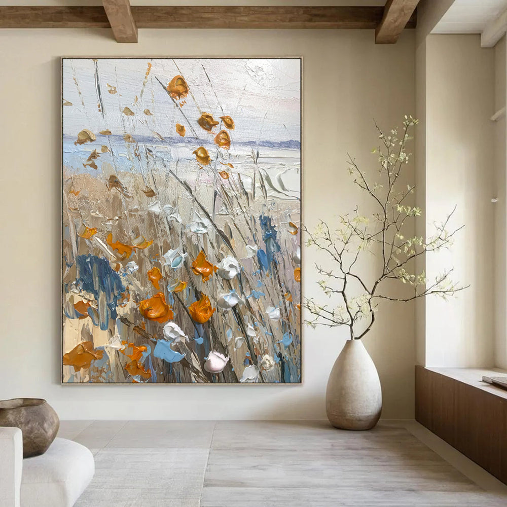 “Textured Wildflowers in Orange, Blue, and White” - Impasto Landscape Painting On Canvas PT1839