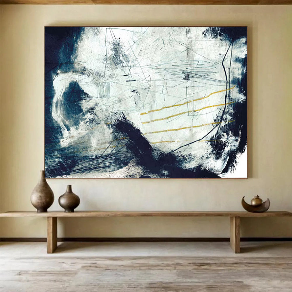 “Blue - Gray Abstract with Yellow Lines” - Textured Abstract Painting On Canvas PT141