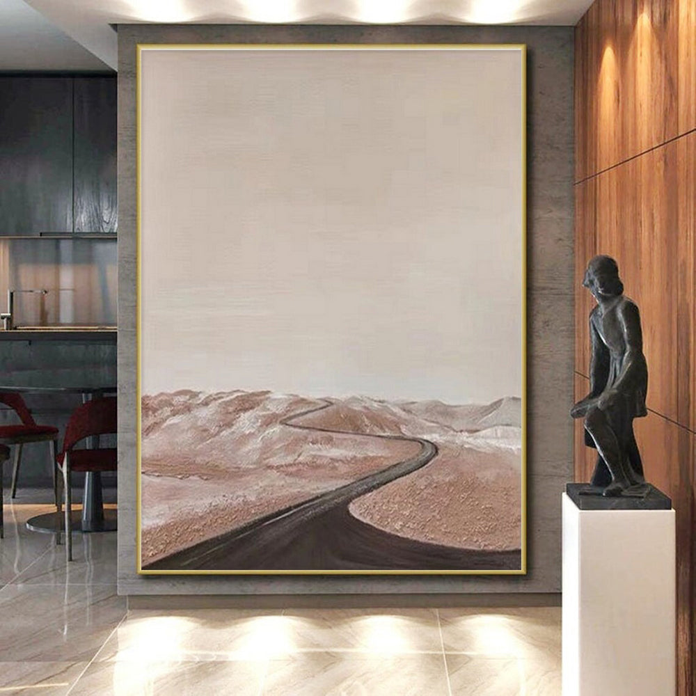 “Desert Road Journey” - Beige, Brown, Black Abstract Landscape Painting On Canvas PS0665