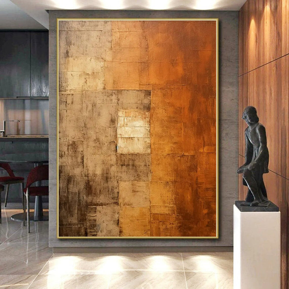 “Brown - Orange Abstract Textured Squares” - Rustic Abstract Painting On Canvas PS0338