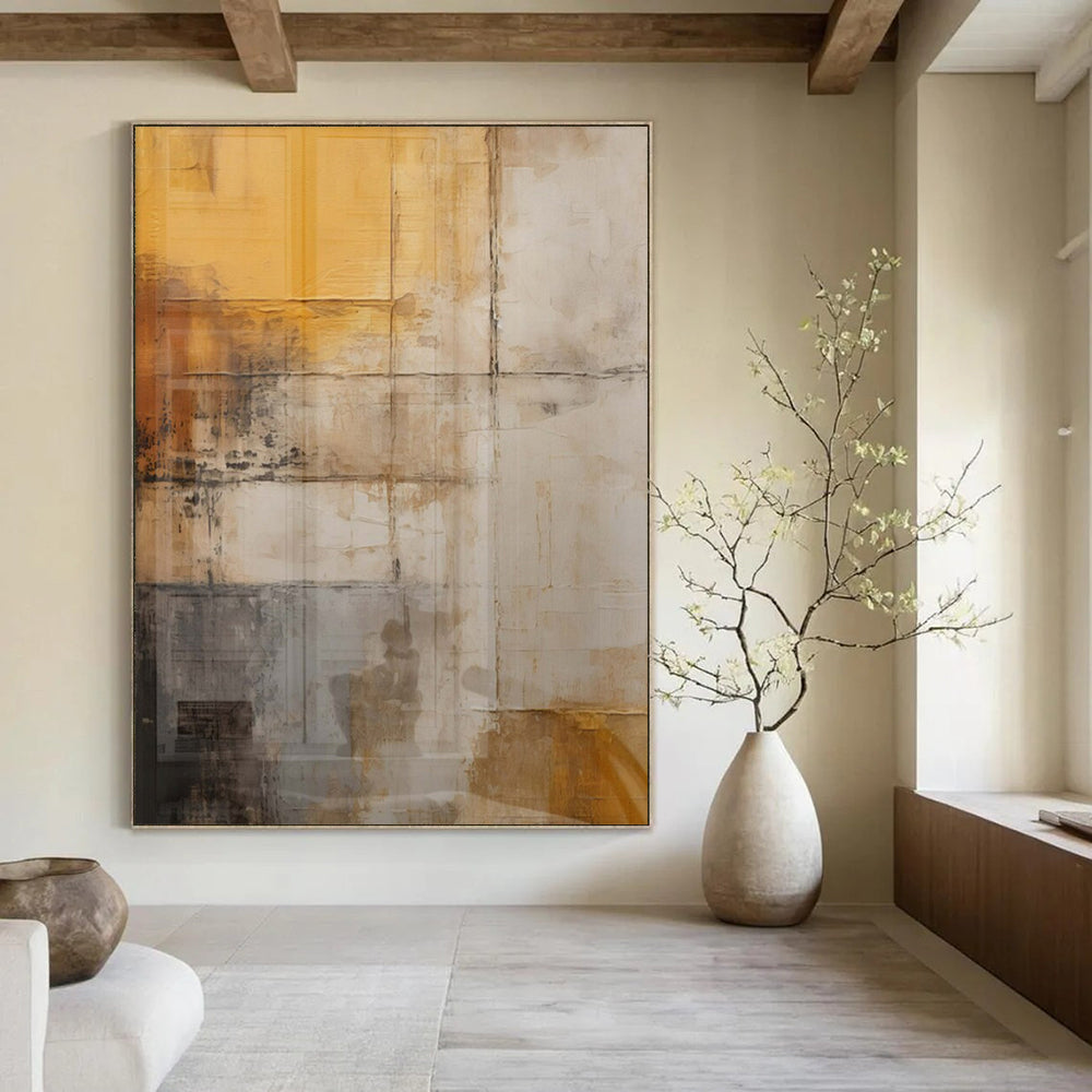 Warm Yellows, Grays, and Browns with Textured Layers "Vintage Wall Stories" Abstract Textured Painting On Canvas PS1055