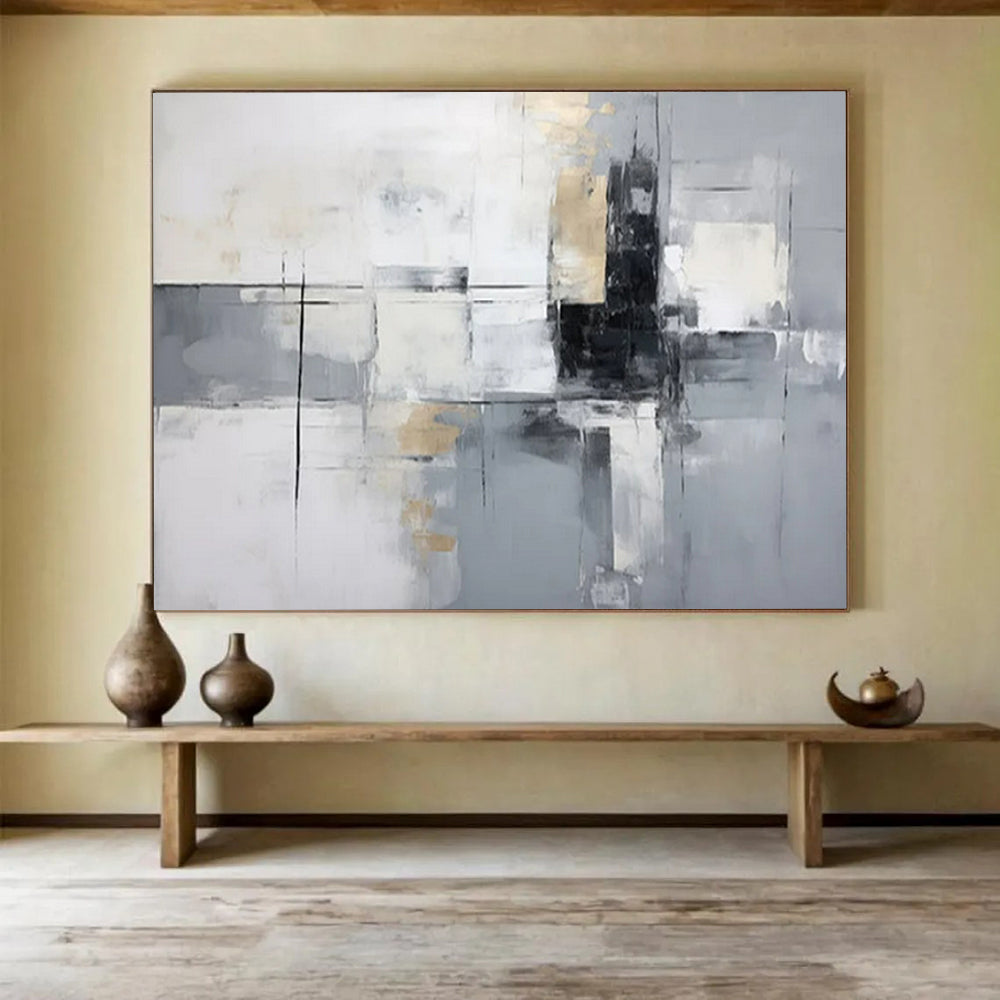 “Gray - Gold - White Abstract Grid” - Metallic - Gray Abstract Painting On Canvas PT1574