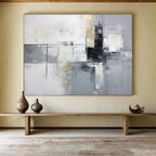 “Gray - Gold - White Abstract Grid” - Metallic - Gray Abstract Painting On Canvas PT1574