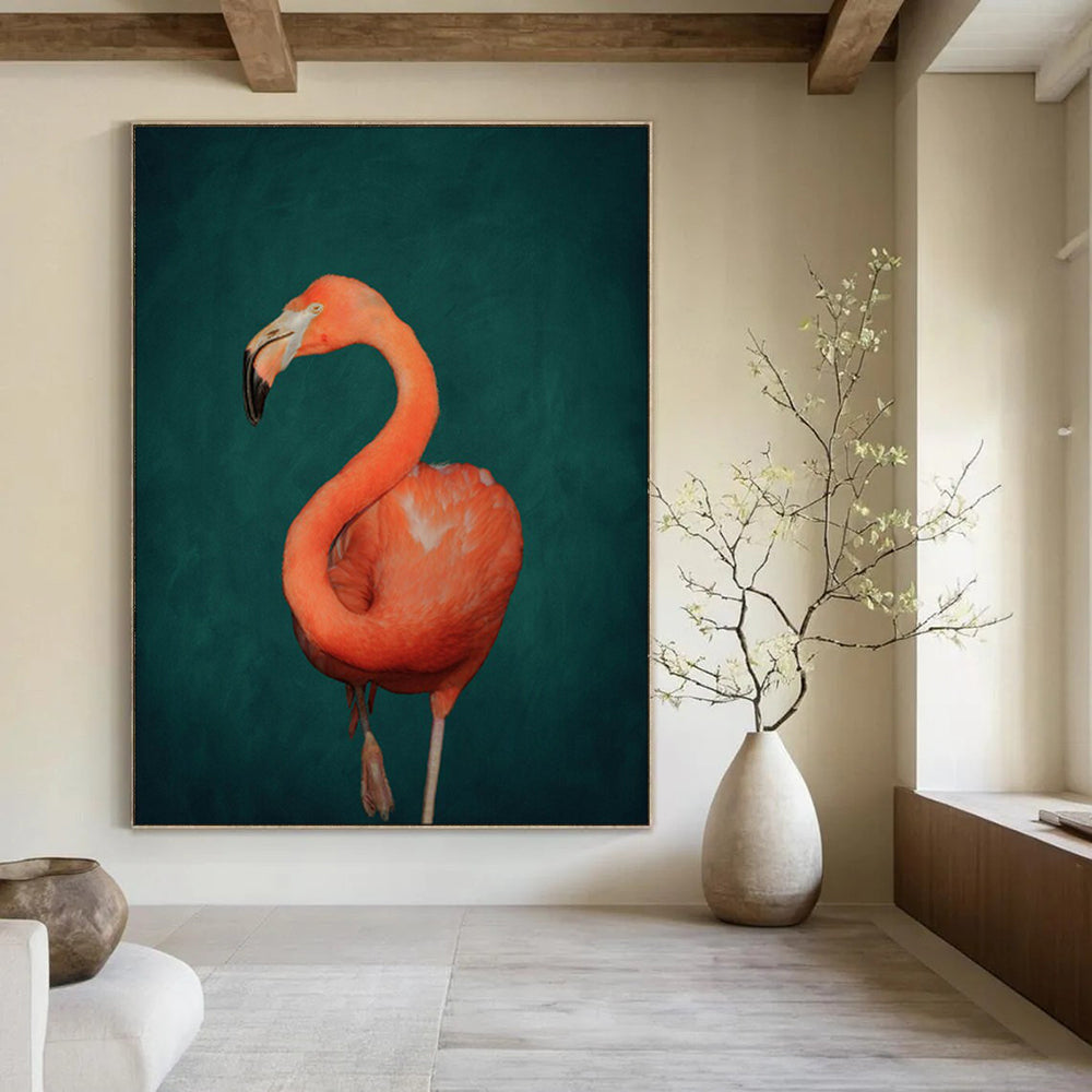 “Pink Flamingo on Dark Green” - Wildlife Portrait Painting On Canvas PT1920