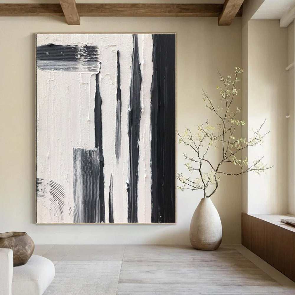 “Black and White Vertical Strokes” - Bold Minimalist Painting On Canvas DS367
