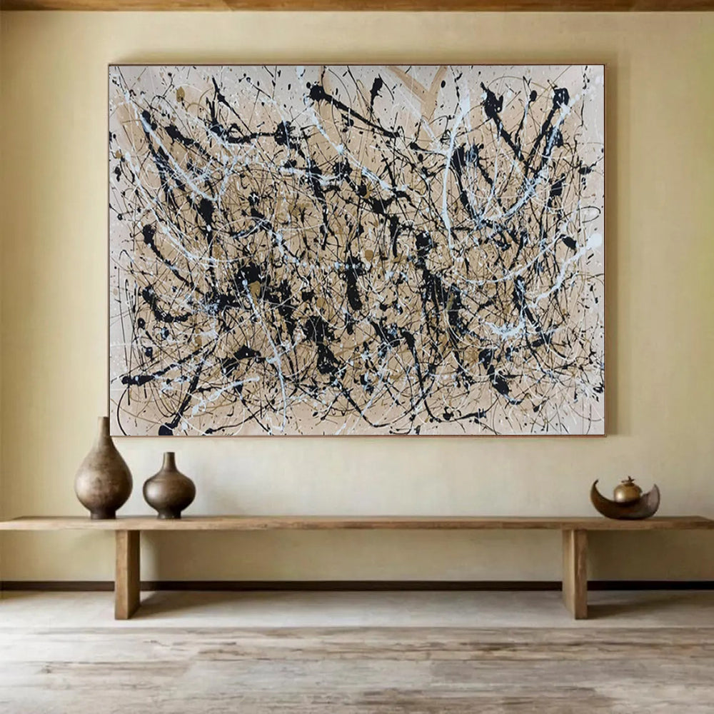 “Beige - Black - White Drip Art” - Pollock - Inspired Abstract Painting On Canvas PT1588