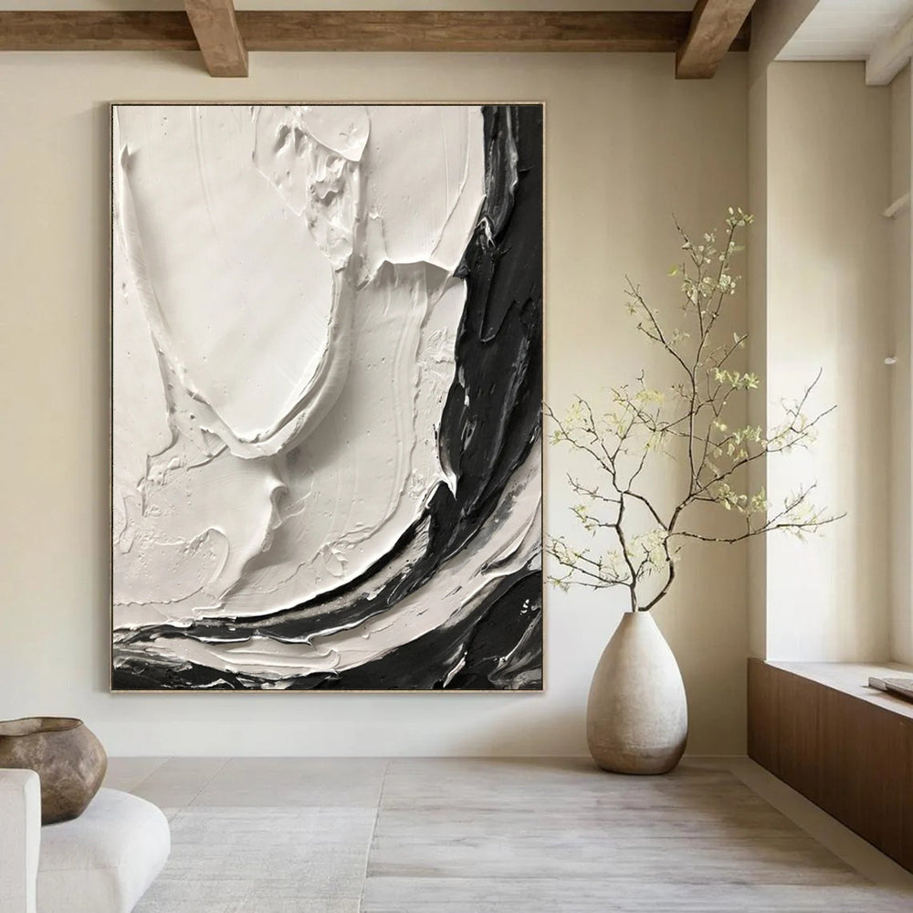 “Thick Black and White Textured Swirls” - Tactile Abstract Painting On Canvas DS387