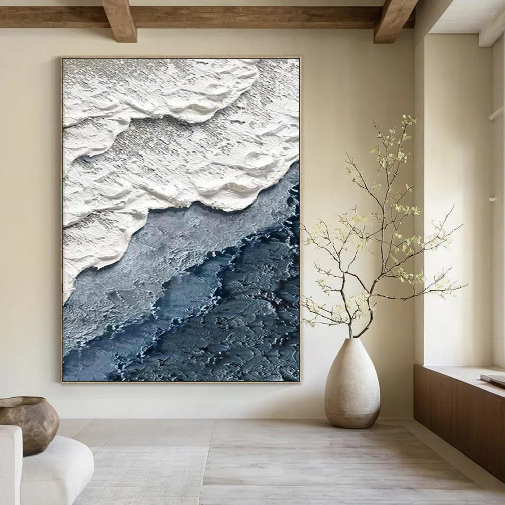 “White and Blue Textured Wave Layers” - Minimalist Ocean Layers Painting On Canvas DS325