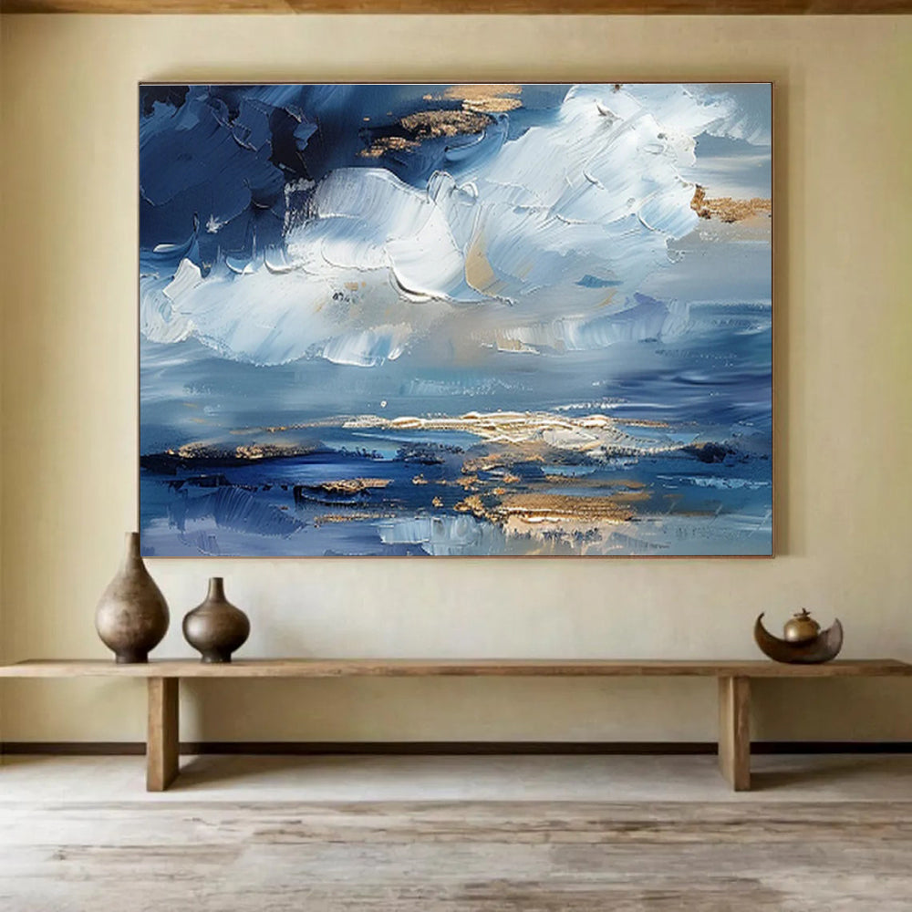 “Azure Sky & Gold Reflections” - Blue, White & Gold Abstract Landscape, Textured Sky Oil Painting On Canvas DKS684