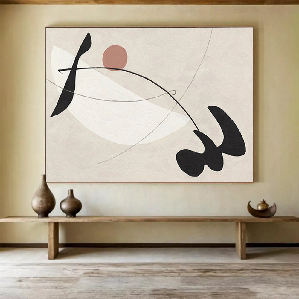 “Abstract Geometric Dance” - Beige, Black & Pink Abstract, Modern Ink Painting On Canvas DKS738