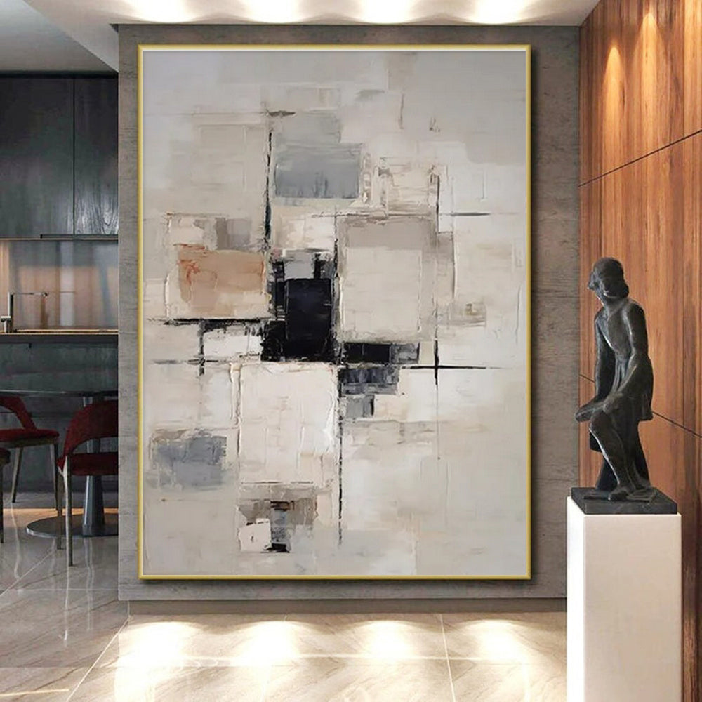 Beige, Gray & Black Geometric Abstract "Urban Grid" Painting On Canvas PS0868