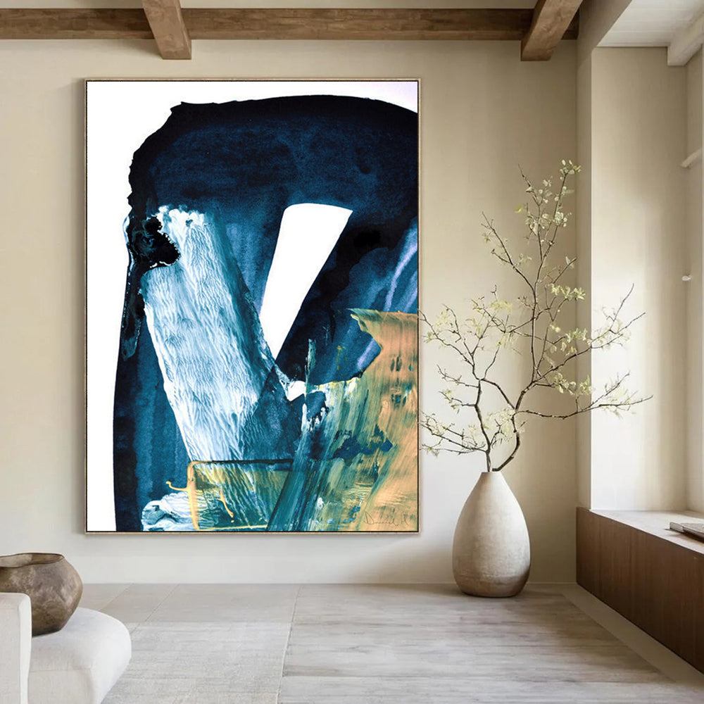 “Blue & Gold Abstract Fusion” - Deep Blues & Metallic Accents Painting On Canvas DS190