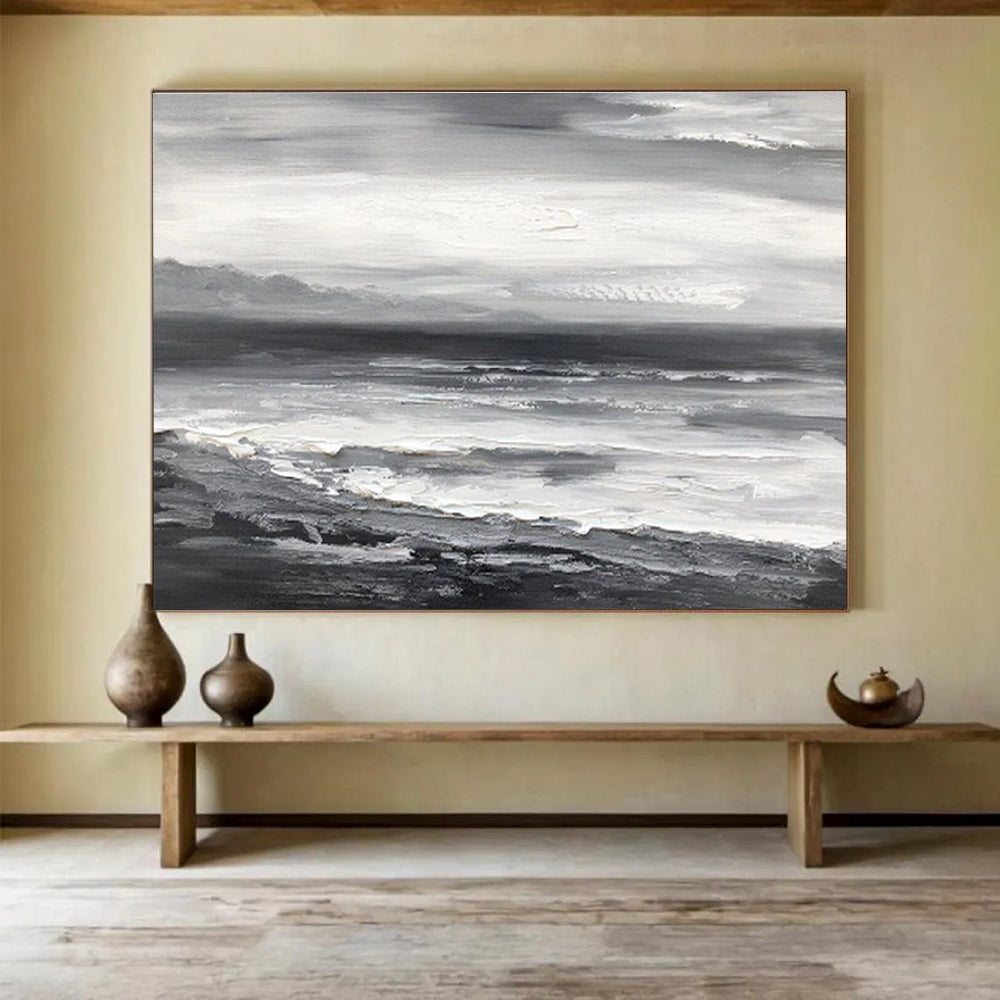 “Monochromatic Seascape” - Monochromatic Landscape Painting, Great for Minimalist Coastal Home & Contemporary Office DKS632