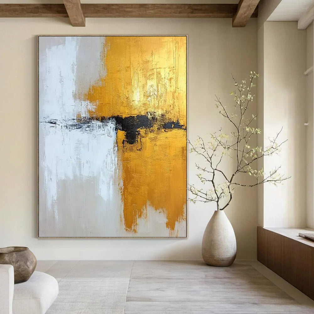 “Gold, White, and Black Abstract Fusion” - Abstract Expressionist Painting On Canvas PT2371