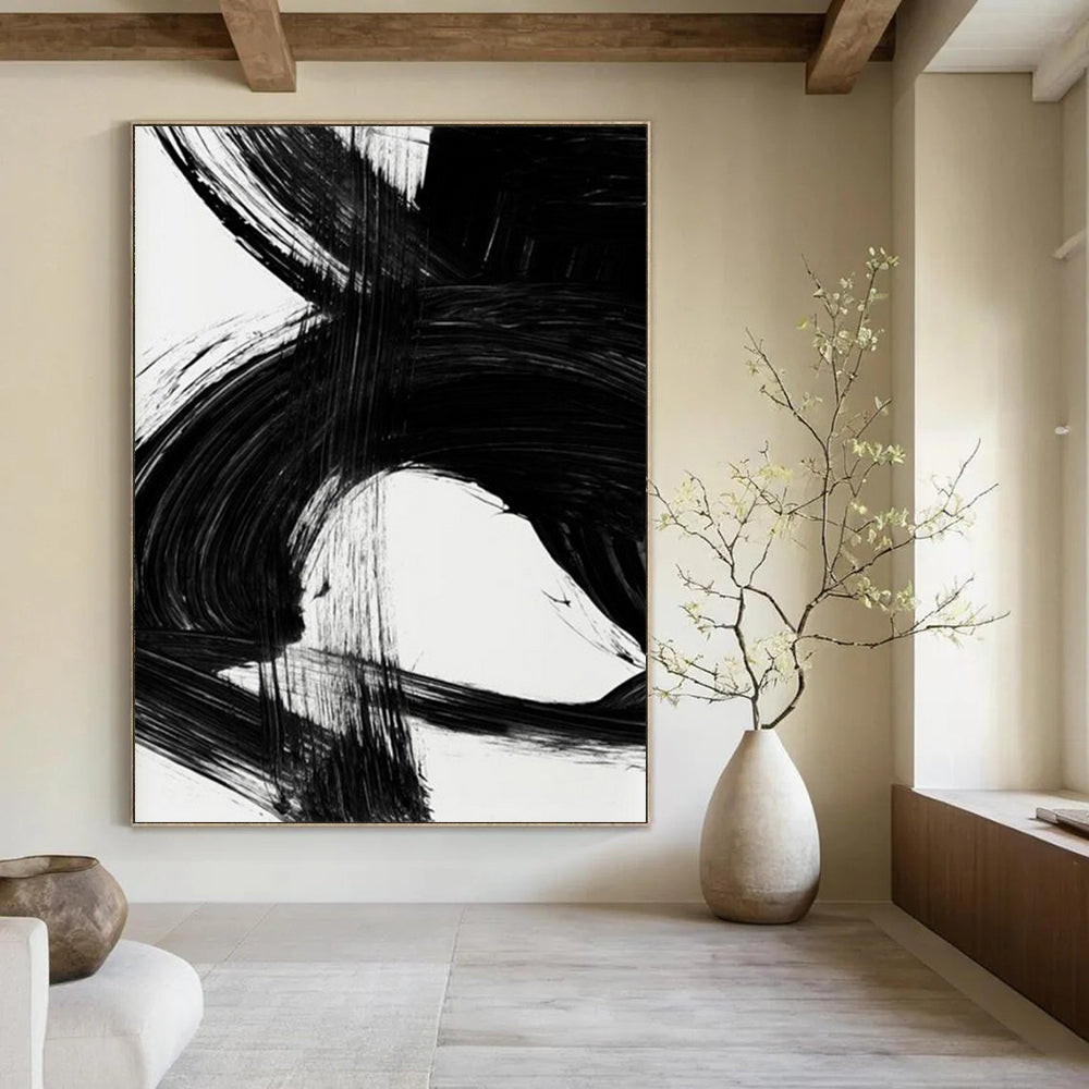 “Swirling Black Ink” - Intricate, Curved Strokes on White Canvas Painting On Canvas DS196