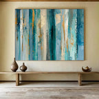 “Teal - Blue Stripes & Gold Flecks” - Abstract Textured - Painting On Canvas PT1715