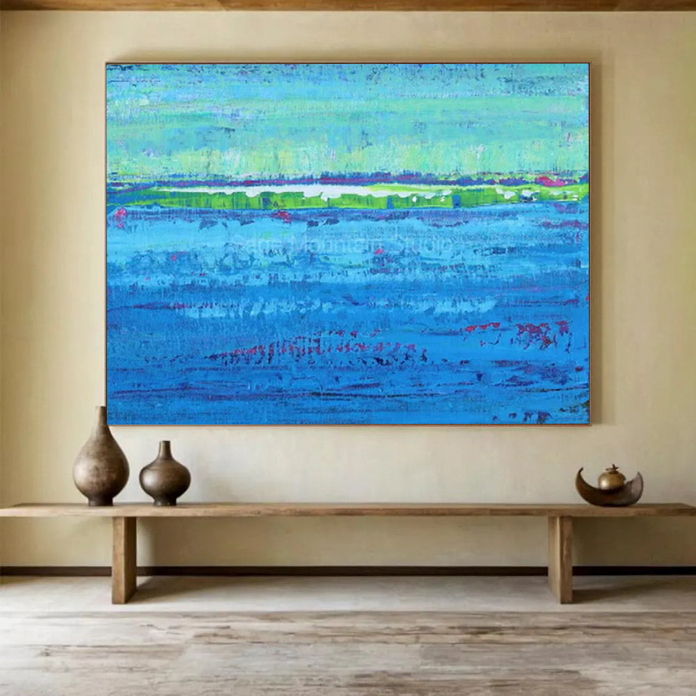 “Colorful Striped Water and Green Land” - Abstract Landscape - Painting On Canvas PT1793