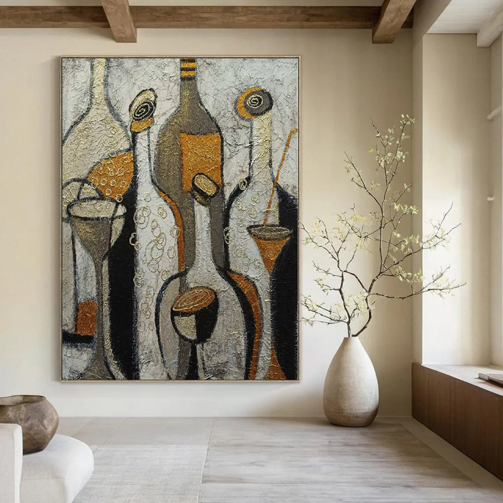 Beige, Gold, Black with Stylized Bottles "Vintage Soiree" Abstract Still - Life Painting On Canvas PS1193