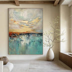 Blue, Gray, Gold with Impasto "Sunset Reflection" Abstract Painting On Canvas PS1422