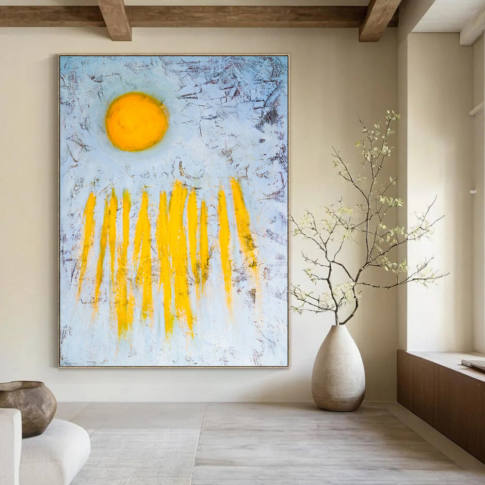 “Yellow Sun & Rays” - Bold Abstract Sun Painting On Canvas PT1089
