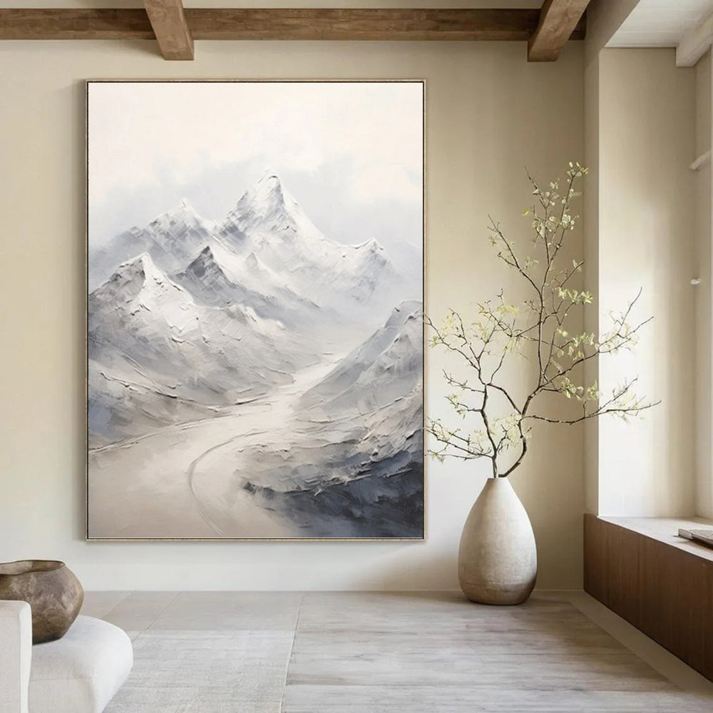 “Grey - White Snowy Mountain Range” - Impasto Landscape Painting On Canvas PT1264
