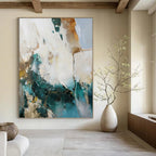 “Teal, Gold and White Abstract” - Bold Color Fusion Painting on Canvas PT1013