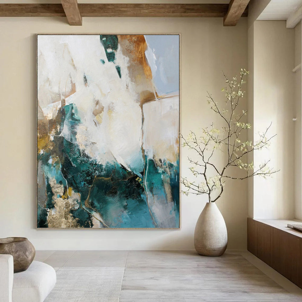 “Teal, Gold and White Abstract” - Bold Color Fusion Painting on Canvas PT1013