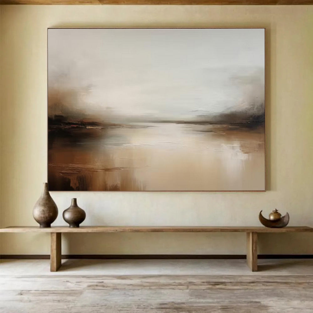 Muted River Landscape in Browns and Grays - Atmospheric Landscape Painting On Canvas DKS321