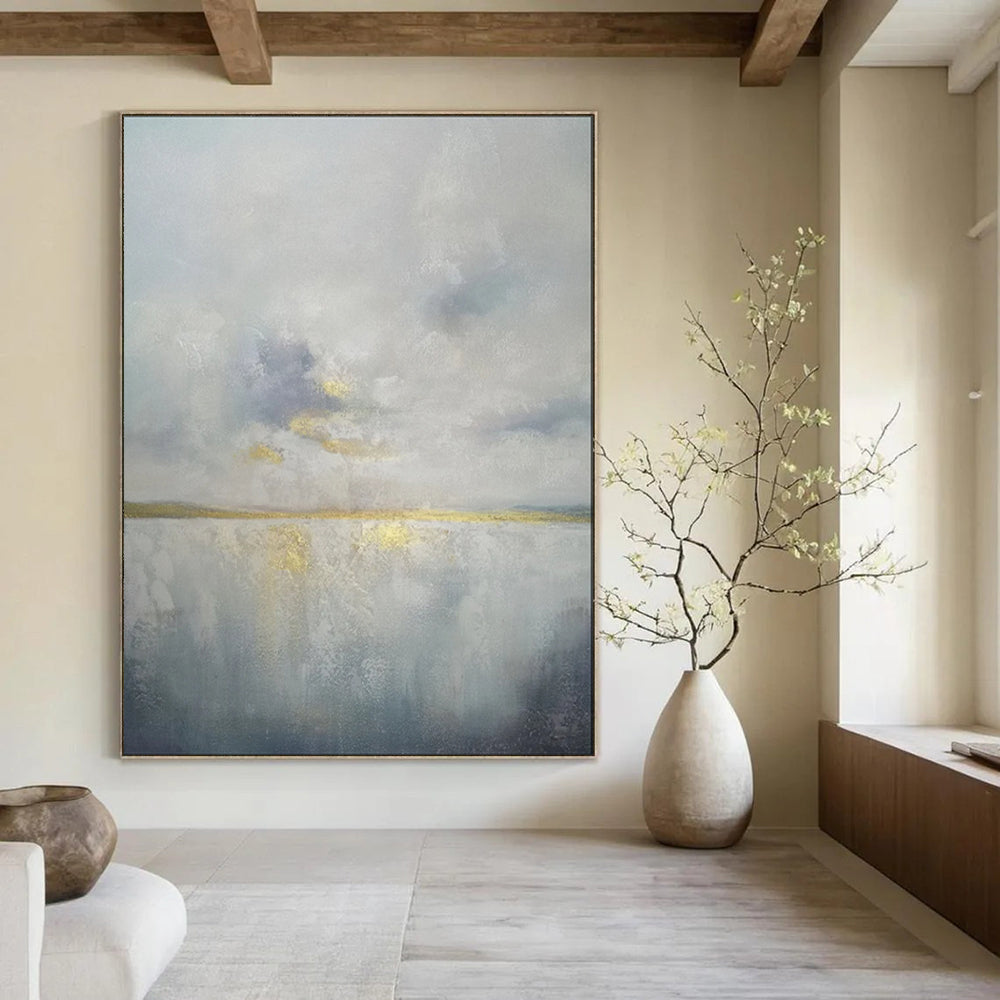 “Gray - Toned Abstract Sky and Water with Gold Accents” - Abstract Landscape Painting On Canvas PT1903