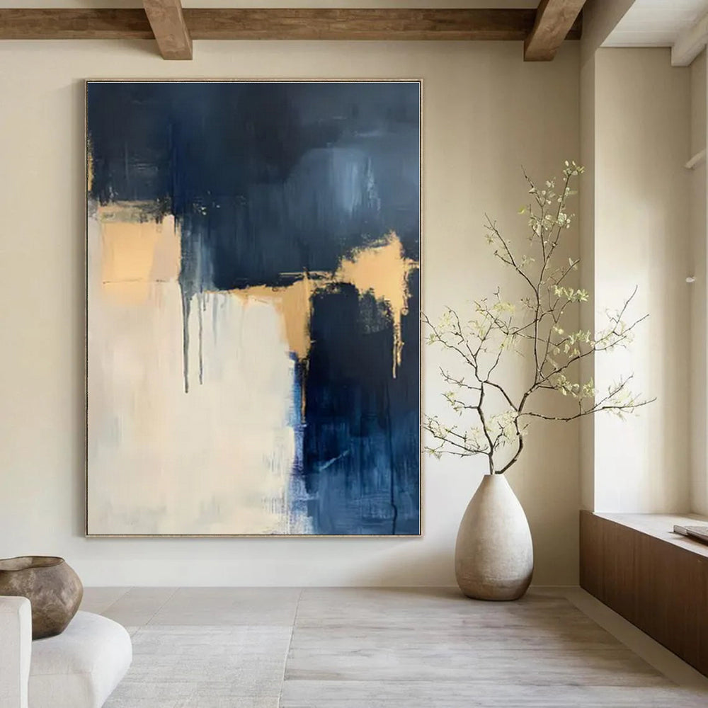 Navy, White, Gold with Layered Drips "Gilded Depths" Abstract Painting On Canvas PS1310