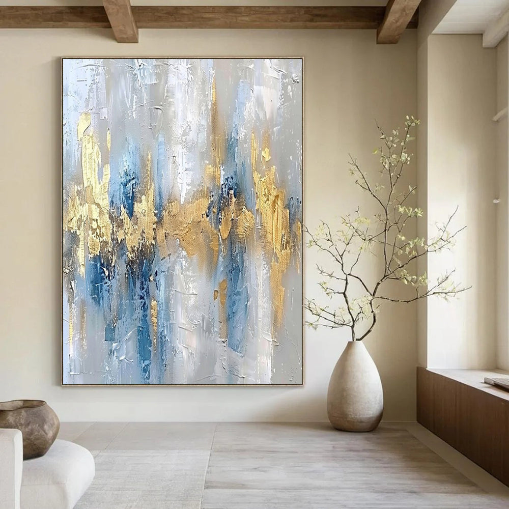 Gray, Blue, Gold, and White Textured, "Opulent Echo" – Textured Abstract Painting On Canvas PS1011