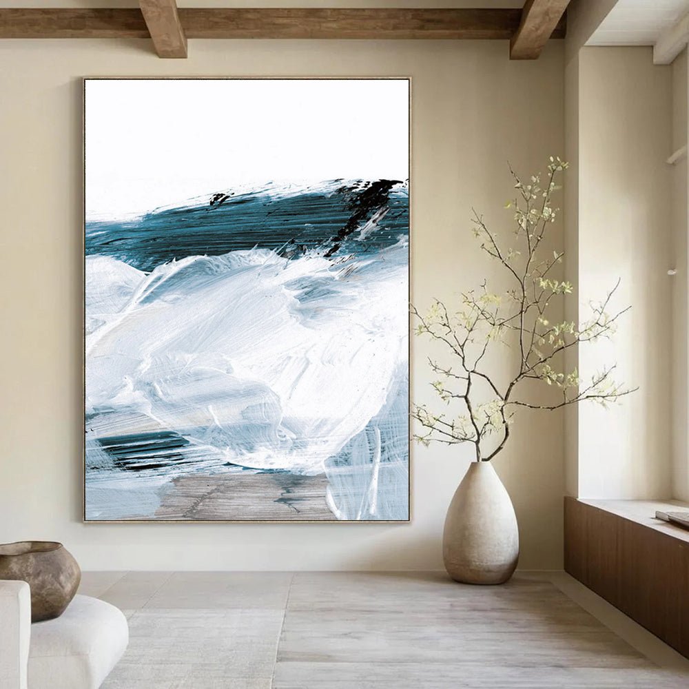 “Blue & White Abstract Waves” - Fluid Forms with Textured Layers Painting On Canvas DS219