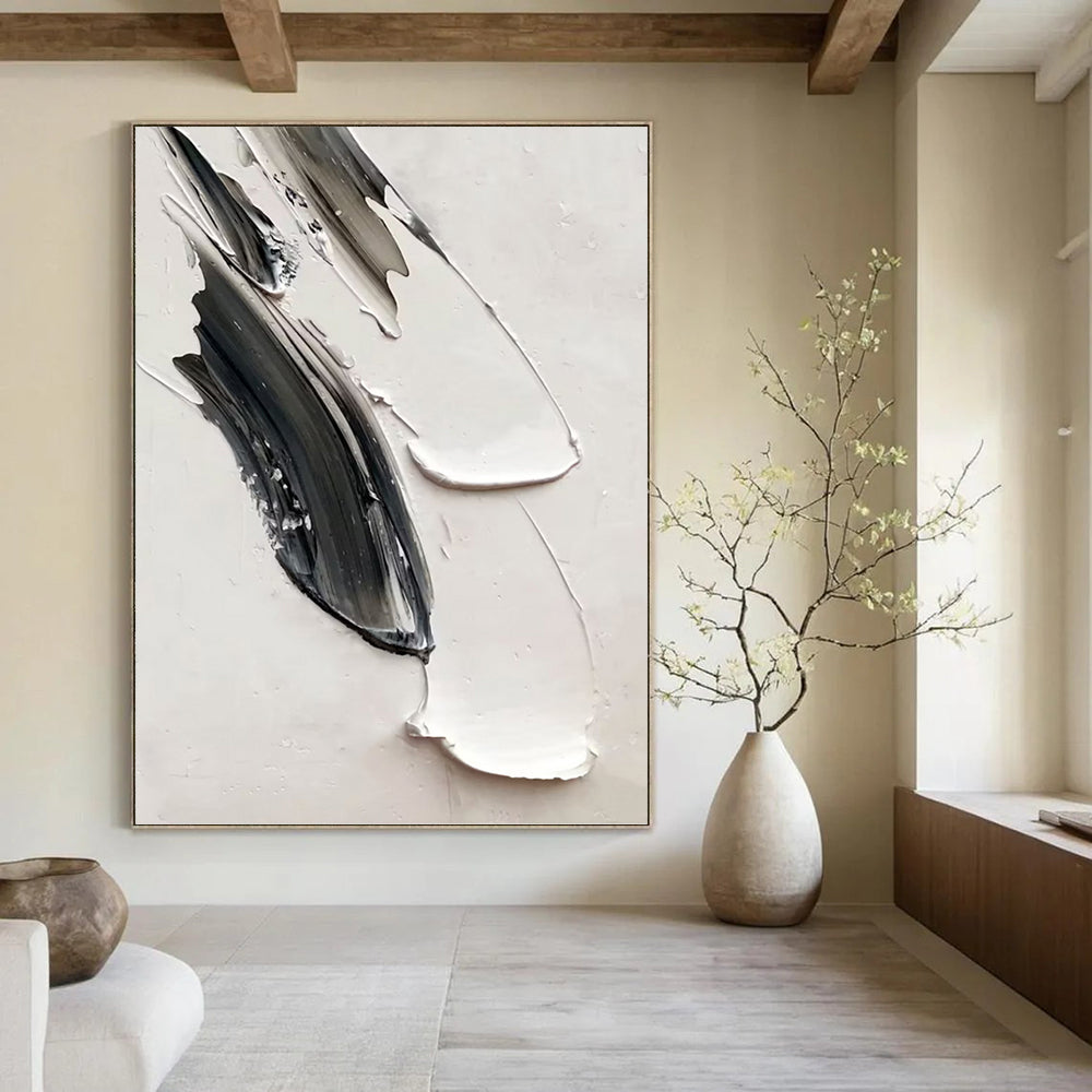 “Black and White Textured Strokes” - Abstract, Tactile - Styled Painting On Canvas PT1669